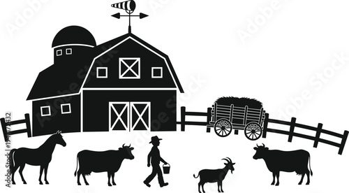 Black and white silhouette illustration of farm scene with barn silo weather vane hay wagon farmer horse cows goat fenced area rural countryside artwork