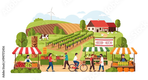 Local Farmer's Market Stalls Selling Fresh Organic Produce against a Rural Farm Landscape with Vineyards, Barn, and Wind Turbine. Flat Vector Illustration.