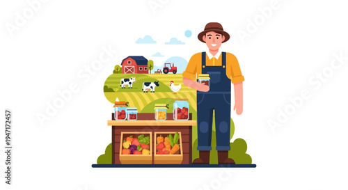 Happy Farmer Selling Fresh Organic Produce and Preserves at Local Farm Stand, Rural Agricultural Landscape Background