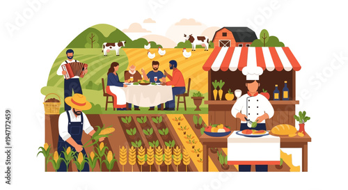 Farm-to-Table Community Feast: Sustainable Agriculture and Local Food Market Scene with Chef, Farmers, and Outdoor Dining