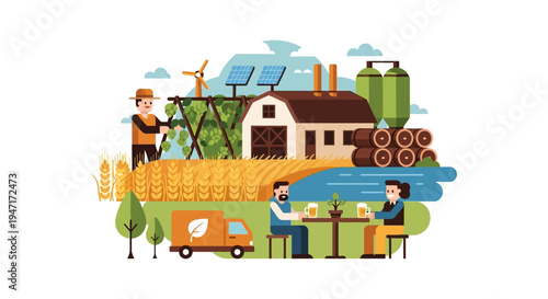 Craft Beer Brewing Ecosystem: Farm to Glass Process Illustration with Hops, Barley Fields, Sustainable Brewery, and Happy Customers Drinking.