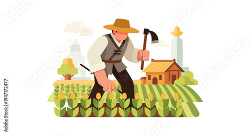Traditional Farmer Working in Corn Field with Hoe. Agricultural worker tending crops on a rural farm landscape in flat vector illustration style.