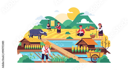 Asian Traditional Farming Community Working in Rice Paddies with Water Buffalo | Flat Vector Illustration