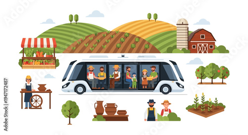 Modern Bus Transporting Farmers and Community Members on Rural Landscape. Agriculture Supply Chain, Local Market, and Agritourism Illustration.