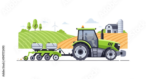 Green Tractor Pulling Seeder in Farmland. Modern Agricultural Machinery Working on Field with Barn and Silo Background. Flat Vector Illustration.