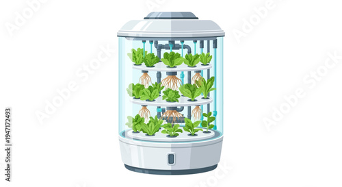 Hydroponic Vertical Farm System Illustration. Smart Indoor Garden Technology Growing Leafy Greens. Sustainable Urban Agriculture and Modern Food Production.