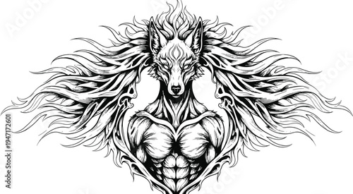 Black and white stylized illustration of humanoid wolf figure with muscular torso flame extensions skull faces mystical fantasy artwork representing mythology surreal graphic design