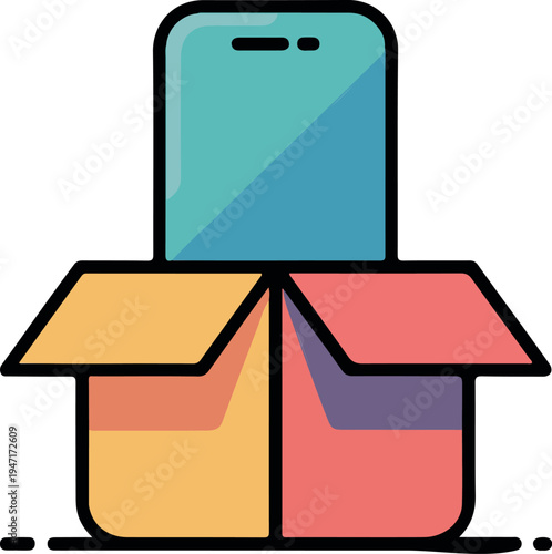 Simple open cardboard box delivery concept with blue smartphone screen inside for tech shipping illustration