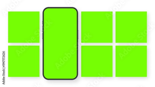 Animated smartphone mockup with square social media post frames, isolated on white background. Template for presenting mobile content, digital advertising and promotional designs