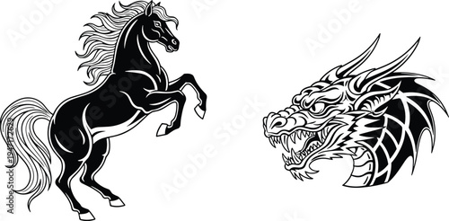 Black and white stylized illustration of rearing horse with flowing mane and detailed dragon head ornate line art representing strength motion mythology fantasy artwork