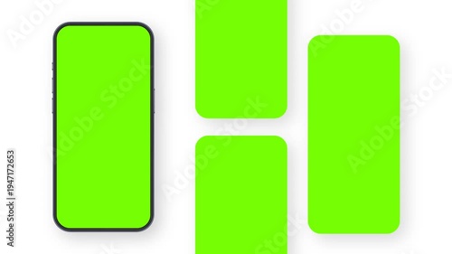 Animated smartphone mockup with blank mobile app screens on white background. Template for presenting user interface design, mobile applications, digital content