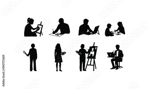 Diverse artistic activities and creative expressions in silhouette form