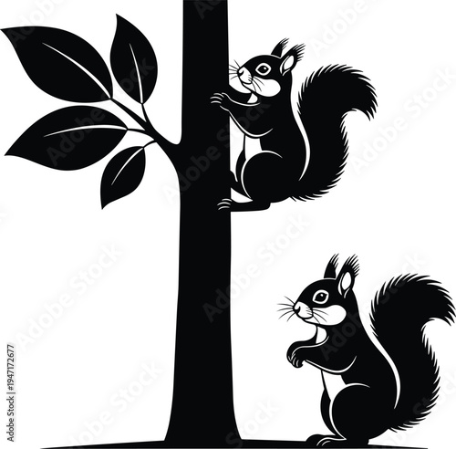 Black and white stylized illustration of two squirrels with bushy tails interacting around tree trunk with leaves minimalistic nature themed artwork educational design