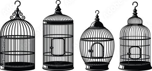 Black silhouette birdcage illustrations with ornate dome tops cylindrical and spherical designs featuring decorative bars finials and latches suitable