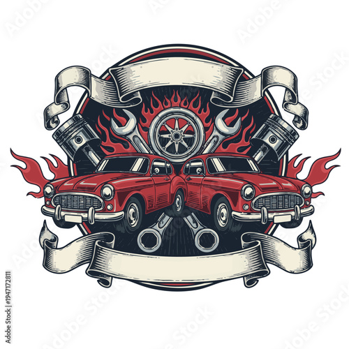 Vintage cars with engines and flames on a graphic emblem