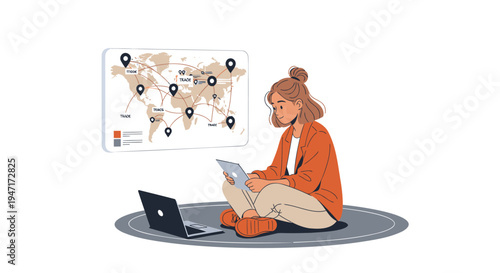 Vector illustration of woman with laptop and tablet working remotely