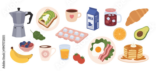 Assorted breakfast food and drinks arranged on white background