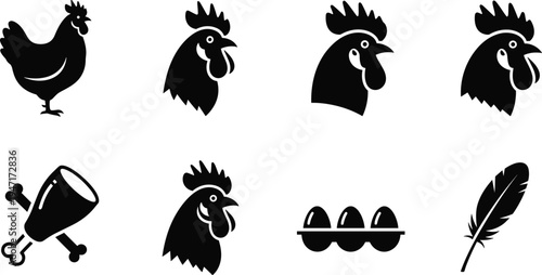 Chicken and rooster silhouette icons vector illustration black poultry design egg carton feather drumstick farming agriculture food industry animal symbol collection