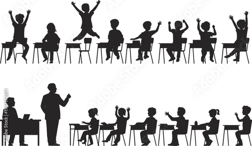 Silhouettes of Excited Students and Teacher in Classroom Setting children school