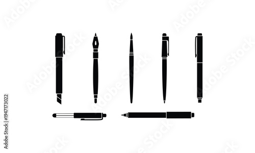 Variety of stationery pens displayed in black and white silhouette style