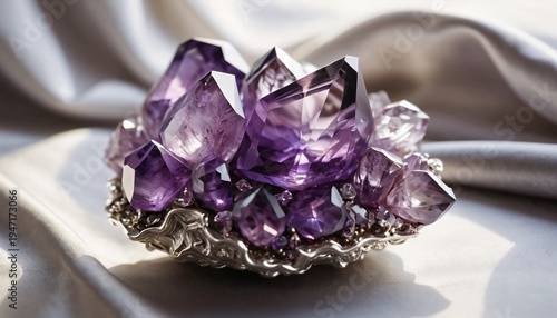 Side-angle view of an amethyst cluster on a smooth silver silk cloth