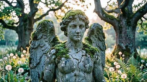 A weathered stone figure with wings covered in vibrant green moss