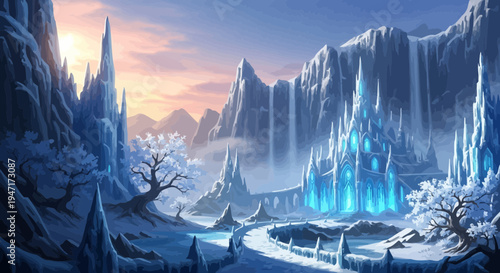 Majestic Ice Palace in Frozen Mountain Valley at Sunset
