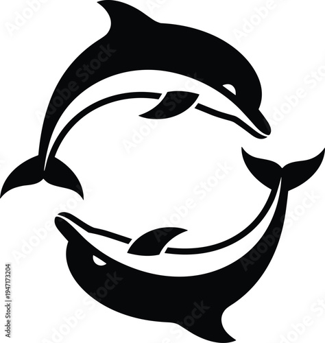 Stylized black and white dolphin illustration arranged in circular yin yang pattern artistic aquatic design symbolizing harmony balance unity duality and cyclical nature of life
