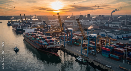 Aerial View of Industrial Container Port at Sunset