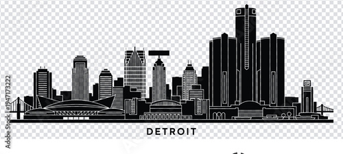 Vector illustration black and white illustration of detroit city skyline with tall buildings