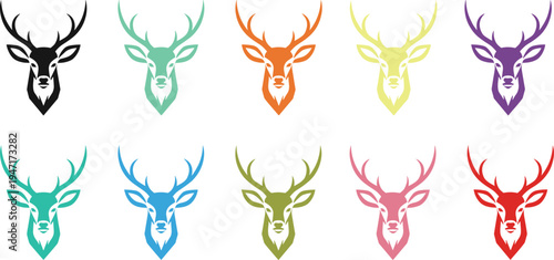 Stylized illustration collection of ten deer head icons with prominent antlers arranged in grid format rendered in multiple colors representing design variation branding artwork