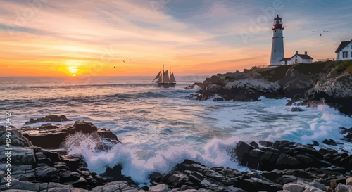 Scenic Coastal Lighthouse at Sunset with Sailing Ship