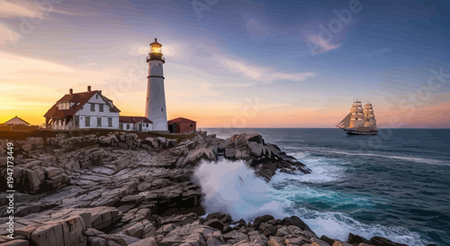 Portland Head Light Lighthouse at Sunset with Tall Ship