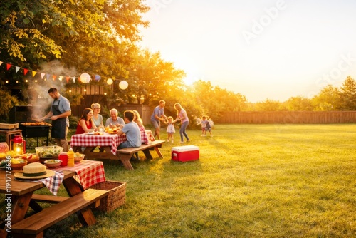 Multi-generational family enjoying a summer barbecue party in the backyard at sunset