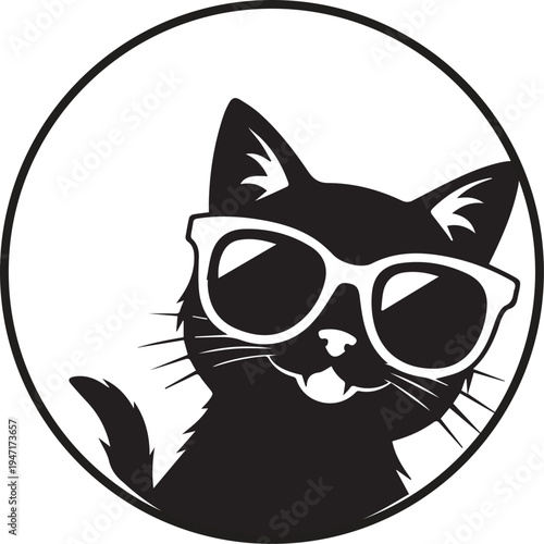Cool black cat wearing sunglasses in a circular design
