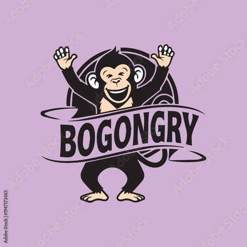 Cartoon monkey cheerfully presents the bogongry brand with raised arms