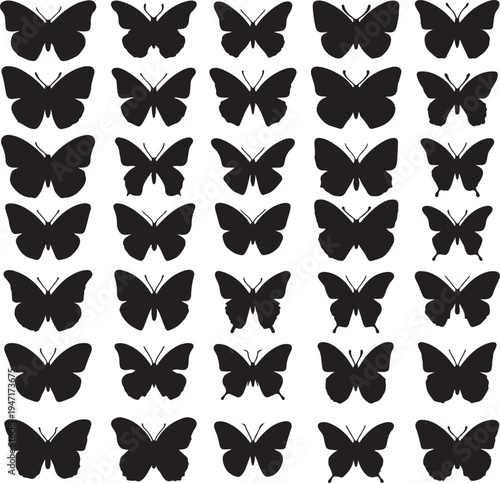 A symmetrical grid of black and white butterfly patterns arranged in orderly rows and columns