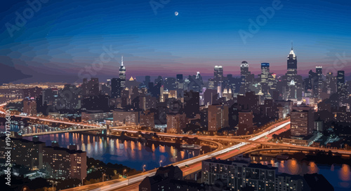 Philadelphia City Skyline at Twilight with Schuylkill River and Expressway