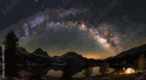Milky Way Galaxy Above Mountain Lake Camping Scene