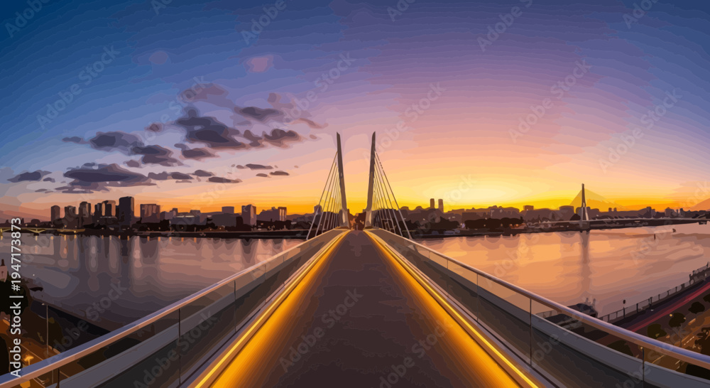 Fototapeta premium Modern Cable Stayed Bridge Over River at Sunset Cityscape