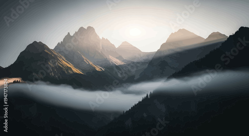 Stylized Mountain Landscape with Topographic Line Art Effect