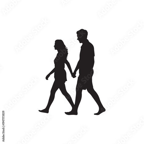Black Colour Beach Walking Couple Silhouette Solid White Background (1).eps