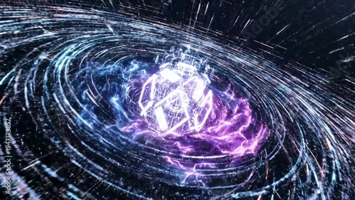 Abstract cosmic energy vortex swirling in space with bright core.