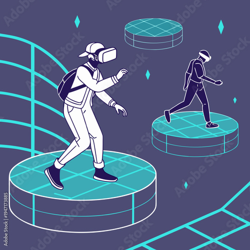 A vector graphic illustration of two people wearing virtual reality headsets walking on floating platforms in a futuristic digital environment