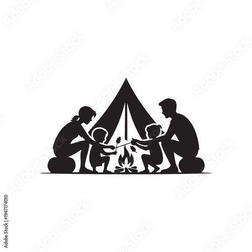 Black Colour Camping Family Silhouette Solid White Background (1).eps