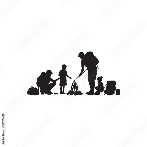 Black Colour Camping Family Silhouette Solid White Background (3).eps
