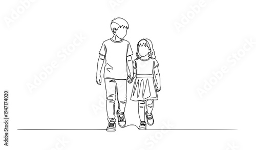Minimal continuous line art children walking with sneakers shoes vector illustration