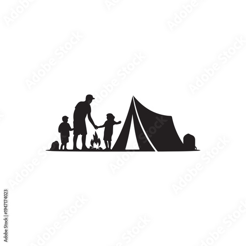 Black Colour Camping Family Silhouette Solid White Background (4).eps