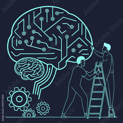 A vector graphic illustration of two people working together to build a circuit board brain