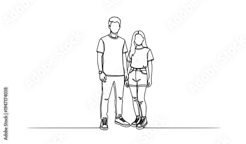 Continuous one line drawing boy and girl wearing shoes minimalist kids outline vector illustration